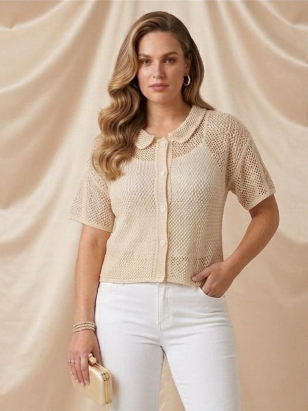 GRACE + EMMA Open Knit Crochet Cardigan Sweater Cream Beige Shrug Size Large
